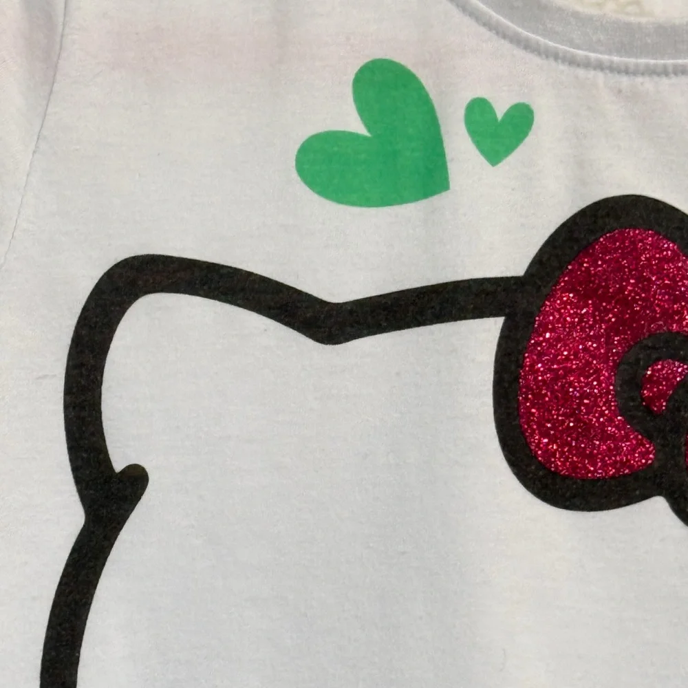 Hello Kitty Youth Tee 8/10 White Glitter Bow Graphic Cap Sleeve Sanrio Kawaii